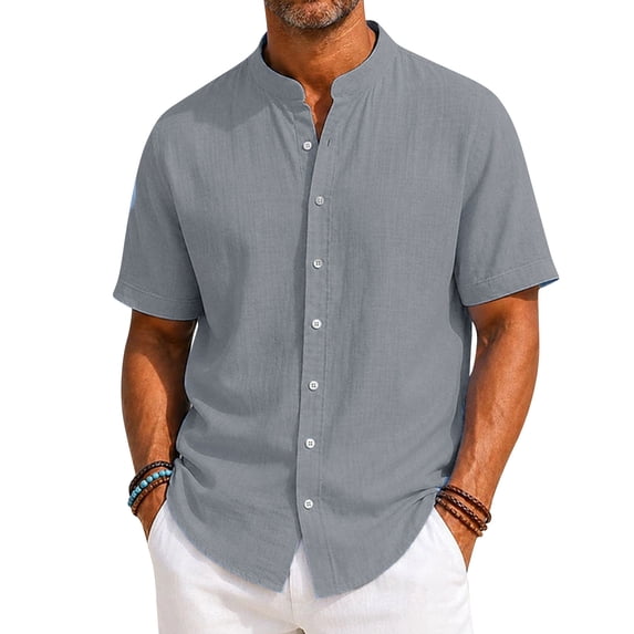 KXDMNE Mens Stand Collar Polo Shirt - Short Sleeve Button Fast Drying Polyester Slim Regular Solid Color Lightweight Casual Shirt, Gray, S