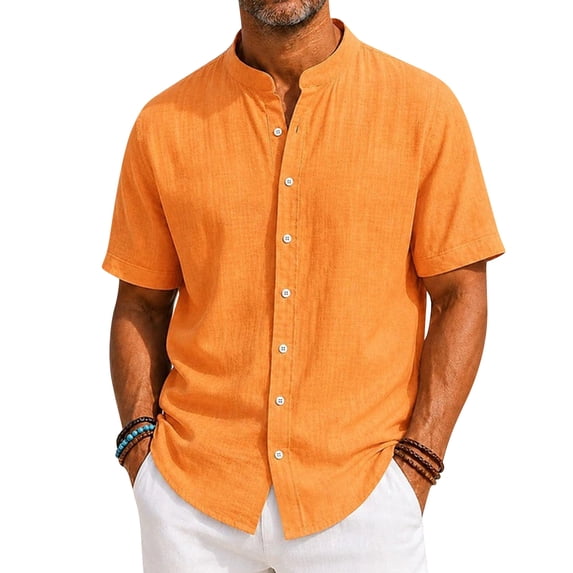 KXDMNE Mens Stand Collar Polo Shirt - Short Sleeve Button Fast Drying Polyester Slim Regular Solid Color Lightweight Casual Shirt, Saffron, L