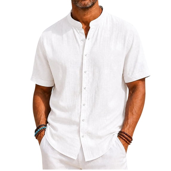 KXDMNE Mens Stand Collar Polo Shirt - Short Sleeve Button Fast Drying Polyester Slim Regular Solid Color Lightweight Casual Shirt, White, XL