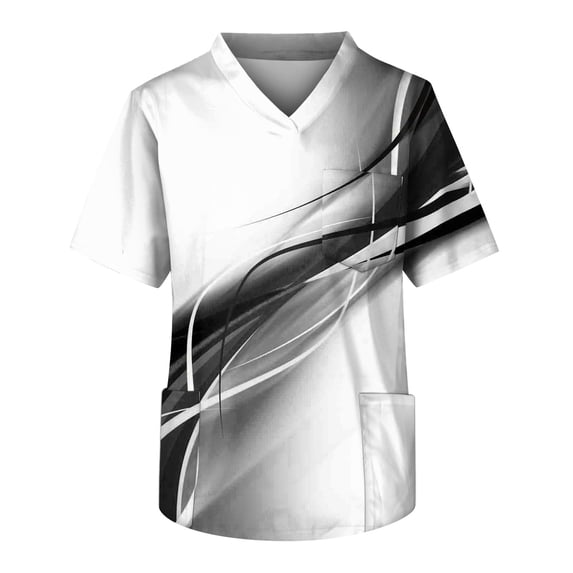KXDMNE Mens Striped Print Scrub Tops - V Neck Short Sleeve Polyester Breathable Chest Pocket Relaxed Professional Workwear, Black, M
