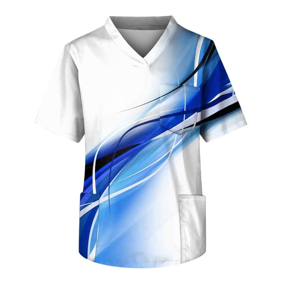 KXDMNE Mens Striped Print Scrub Tops - V Neck Short Sleeve Polyester Breathable Chest Pocket Relaxed Professional Workwear, Blue, L