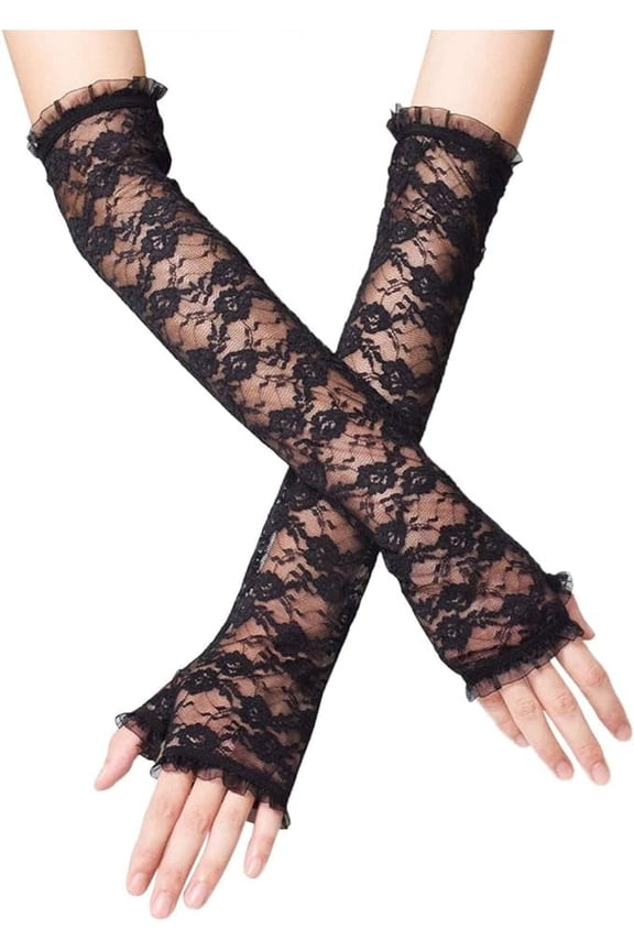 Half Fingerless Floral Lace Gloves Ladies Fancy Long Elbow Opera Silk Hand Sleeves Girls Sunscreen Armband Sleeve Gloves Ideal for Halloween Parties Wedding Etiquette Driving Riding