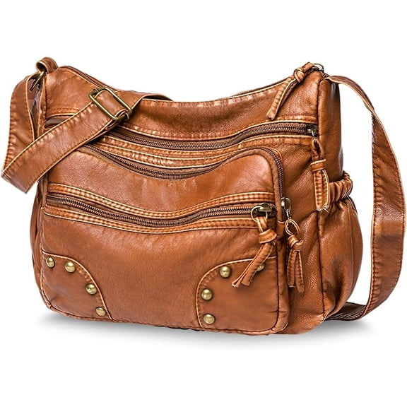 KXF Lightweight Leather Multi-Pocket Shoulder Bag for Women - Retro Sling Medium Travel Purses
