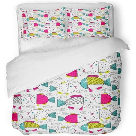 KXMDXA 3 Piece Bedding Set Abstract Pattern with Fishes for Label Page Design Pink Blue and Green Baby Boy Twin Size Duvet Cover with 2 Pillowcase for Home Bedding Room Decoration