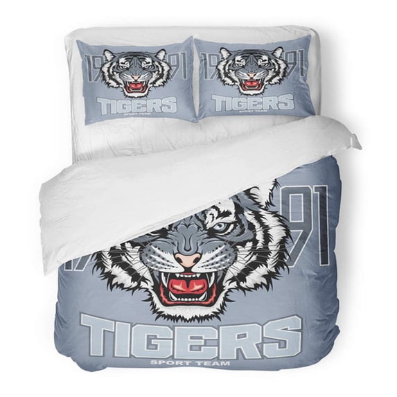 KXMDXA 3 Piece Bedding Set Angry Tiger Sport Team Emblem Wild Big Cat Head Aggressive Predator with Bared Teeth Twin Size Duvet Cover with 2 Pillowcase for Home Bedding Room Decoration