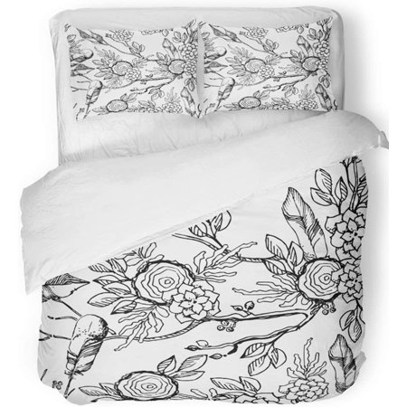 KXMDXA 3 Piece Bedding Set Black Rustic Botanic Pattern Drawing Drawn Feather Floral Flower Graphic Hand Twin Size Duvet Cover with 2 Pillowcase for Home Bedding Room Decoration