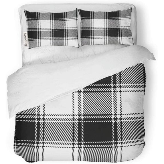 KXMDXA 3 Piece Bedding Set Buffalo Plaid Check Pattern in Black and White Gingham Large Retro Stripe Big Twin Size Duvet Cover with 2 Pillowcase for Home Bedding Room Decoration