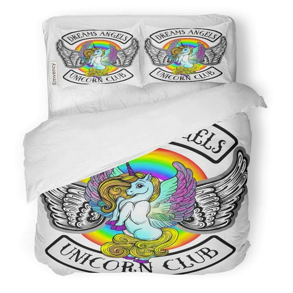 KXMDXA 3 Piece Bedding Set Colorful Cute Emblem Unicorns Wings Beautiful Line Boho Chic Stripe Dreams Angels Club Pink Pegasus Twin Size Duvet Cover with 2 Pillowcase for Home Bedding Room Decoration