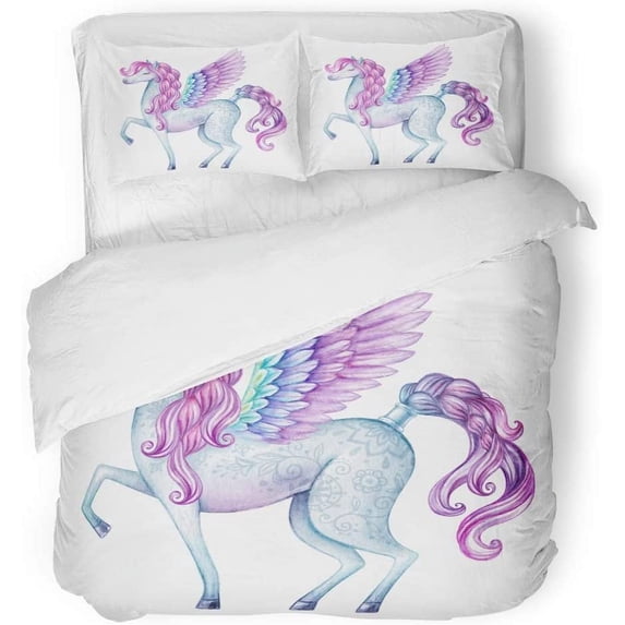 KXMDXA 3 Piece Bedding Set Colorful Unicorn Watercolor Pegasus Fairy Tale Creature Flying Stallion Magical Clip Pink Horse Twin Size Duvet Cover with 2 Pillowcase for Home Bedding Room Decoration