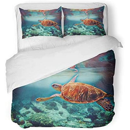 KXMDXA 3 Piece Bedding Set Digital Sea Turtle in Water Swimming Painting Blue Seashore Life Coral Reef Twin Size Duvet Cover with 2 Pillowcase for Home Bedding Room Decoration