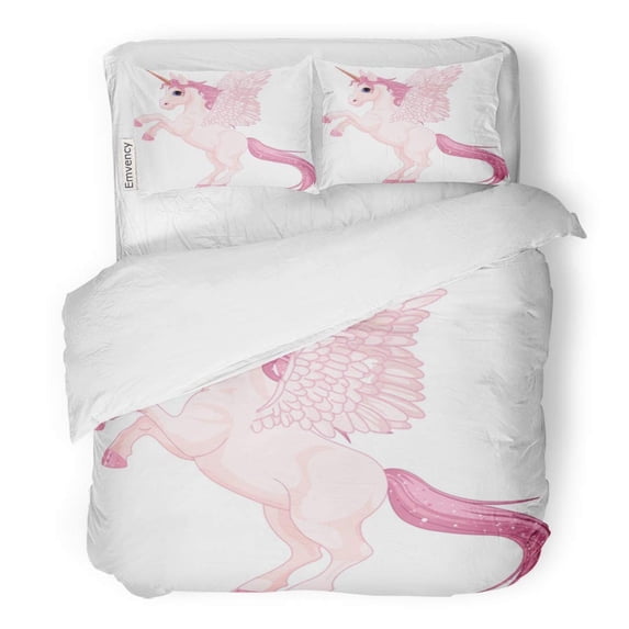 KXMDXA 3 Piece Bedding Set Fairy of Beautiful Pink Unicorn Pegasus Cartoon Horse Pony Flying Twin Size Duvet Cover with 2 Pillowcase for Home Bedding Room Decoration