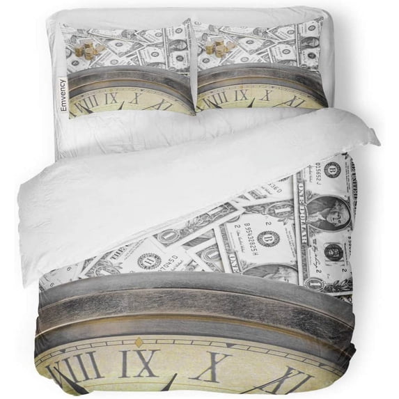 KXMDXA 3 Piece Bedding Set Money Old Clock and Dollars World Time Value Alarm Banknote Twin Size Duvet Cover with 2 Pillowcase for Home Bedding Room Decoration