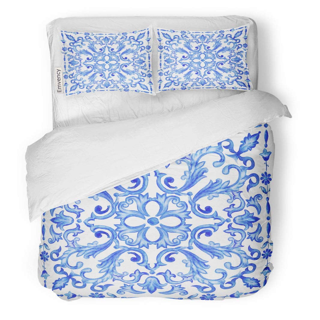KXMDXA 3 Piece Bedding Set Navy Spanish Azulejos Portuguese Tiles Blue