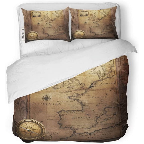 KXMDXA 3 Piece Bedding Set Old Compass on Vintage Map France Spain England Portugal Holland Denmark Author Pierre Du Val 1618 1683 Twin Size Duvet Cover with 2 Pillowcase for Home Bedding Room