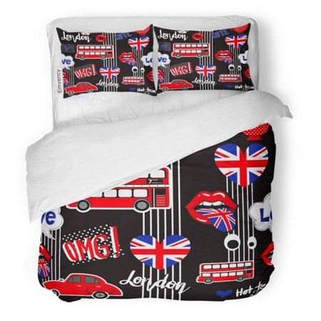 KXMDXA 3 Piece Bedding Set Pattern Abstract for Girls London Tongue Crown Hearts Lips British Flag Red Car and Bus Teenagers Big Twin Size Duvet Cover with 2 Pillowcase for Home Bedding Room
