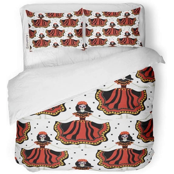 KXMDXA 3 Piece Bedding Set Red Day Dia De Los Muertos Calavera Katrina Dead Girl Endless Mexico Twin Size Duvet Cover with 2 Pillowcase for Home Bedding Room Decoration