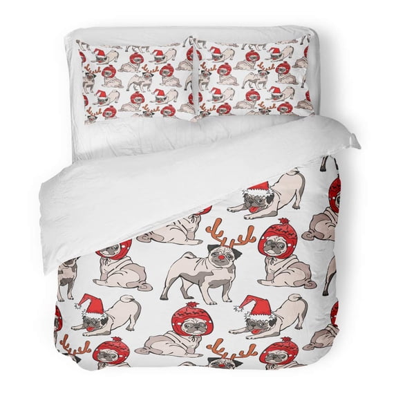KXMDXA 3 Piece Bedding Set Red Rudolph Pug Dog Cartoon Christmas Cute Twin Size Duvet Cover with 2 Pillowcase for Home Bedding Room Decoration
