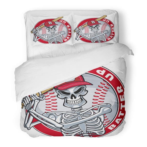 KXMDXA 3 Piece Bedding Set Skull Human Skeleton Playing Baseball Americana Badge Twin Size Duvet Cover with 2 Pillowcase for Home Bedding Room Decoration