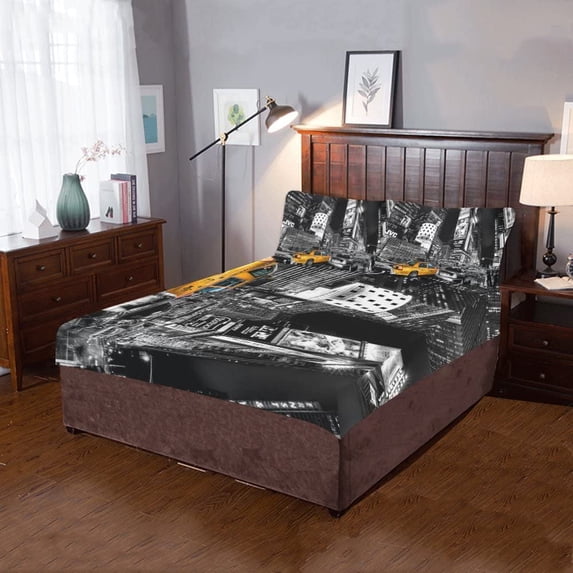 KXMDXA 3 Piece Bedding Set The yellow car is in the city Twin Size Duvet Cover with 2 Pillowcase for Home Bedding Room Decoration