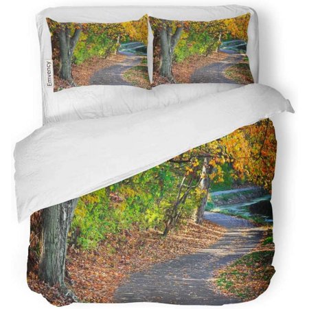 KXMDXA 3 Piece Bedding Set Walking Path Along Lake on Sunny Day Amid The Brilliant Colors of Autumn Sharon Woods Southwestern Ohio USA Twin Size Duvet Cover with 2 Pillowcase for Home Bedding Room