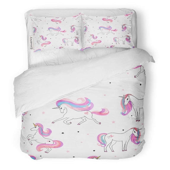 KXMDXA 3 Piece Bedding Set Watercolor Cute Beautiful Unicorns Pattern Magical Pink Rainbow Pony Magic Twin Size Duvet Cover with 2 Pillowcase for Home Bedding Room Decoration