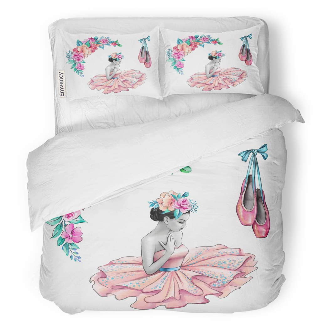 KXMDXA 3 Piece Bedding Set Watercolor Illustration Ballerina in Pink