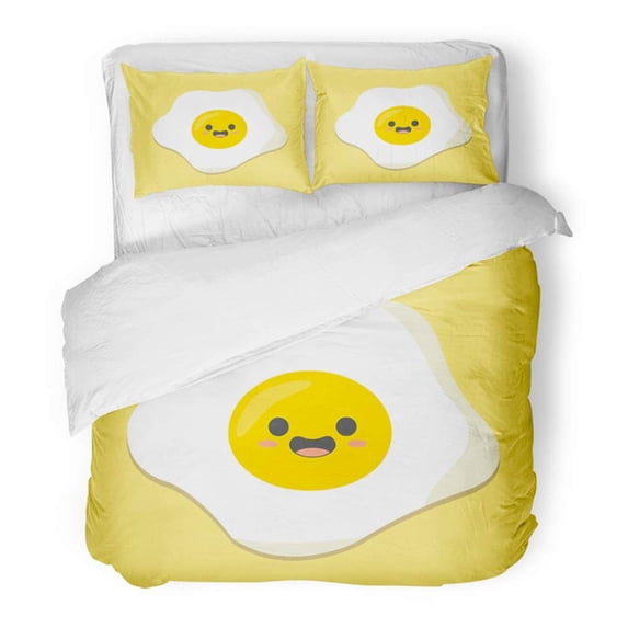 KXMDXA 3 Piece Bedding Set Yellow Breakfast Egg Kawaii Cartoon Cute Design Flat Eyes Fun Funny Happy Morning Twin Size Duvet Cover with 2 Pillowcase for Home Bedding Room Decoration