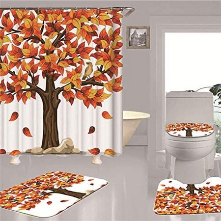 KXMDXA 3D Big Tree 4 Piece Bathroom Set Shower Curtain Bath Rug Contour Mat and Toilet Lid Cover