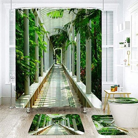 KXMDXA 3D Corridor 4 Piece Bathroom Set Shower Curtain Bath Rug Contour Mat and Toilet Lid Cover
