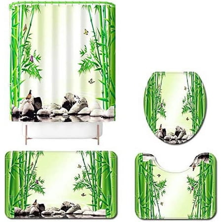 KXMDXA Bamboo 4 Piece Bathroom Set Shower Curtain Bath Rug Contour Mat and Toilet Lid Cover