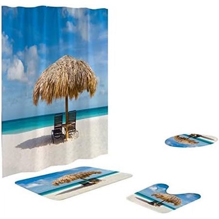 KXMDXA Beach 4 Piece Bathroom Set Shower Curtain Bath Rug Contour Mat and Toilet Lid Cover