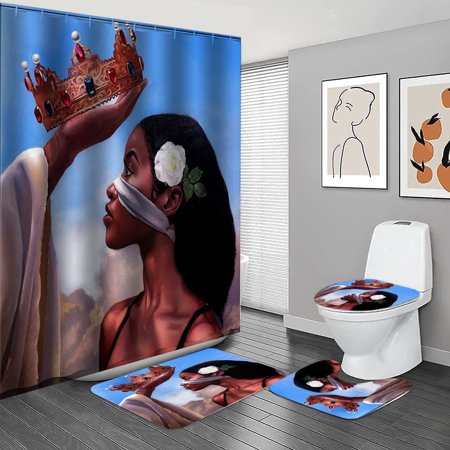 KXMDXA Black Queen 4 Piece Bathroom Set Shower Curtain Bath Rug Contour Mat and Toilet Lid Cover