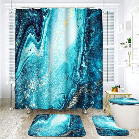 KXMDXA Blue Sapphire Turquoise Marble Green Sea Watercolor Golden Abstract 4 Piece Bathroom Set Shower Curtain Bath Rug Contour Mat and Toilet Lid Cover