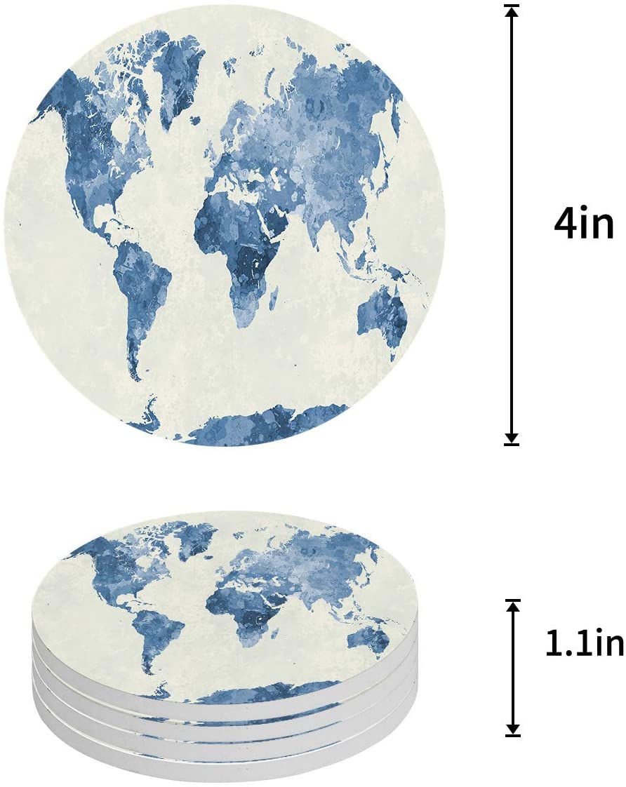 Round Map Coaster KXMDXA Blue World Map Old Watercolor Style Set of 6 Round Coaster for ...
