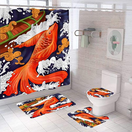 KXMDXA Cartoon 4 Piece Bathroom Set Shower Curtain Bath Rug Contour Mat and Toilet Lid Cover