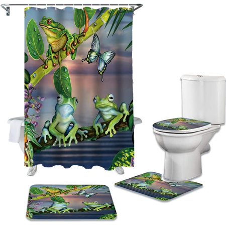 KXMDXA Cartoon Frog on The TreeButterfly 4 Piece Bathroom Set Shower Curtain Bath Rug Contour Mat and Toilet Lid Cover