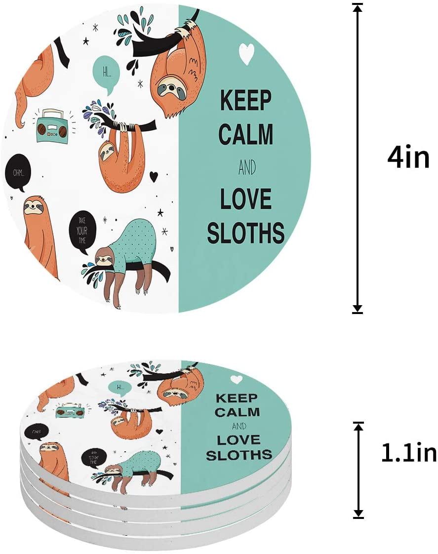 KXMDXA Cartoon Sloth Set of 4 Round Coaster for Drinks, Absorbent ...