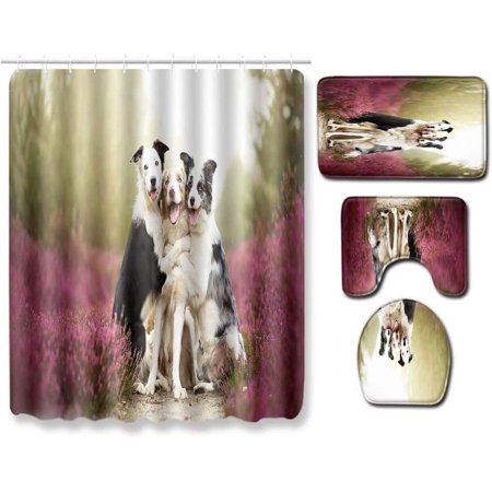 KXMDXA Cat Dog 4 Piece Bathroom Set Shower Curtain Bath Rug Contour Mat and Toilet Lid Cover