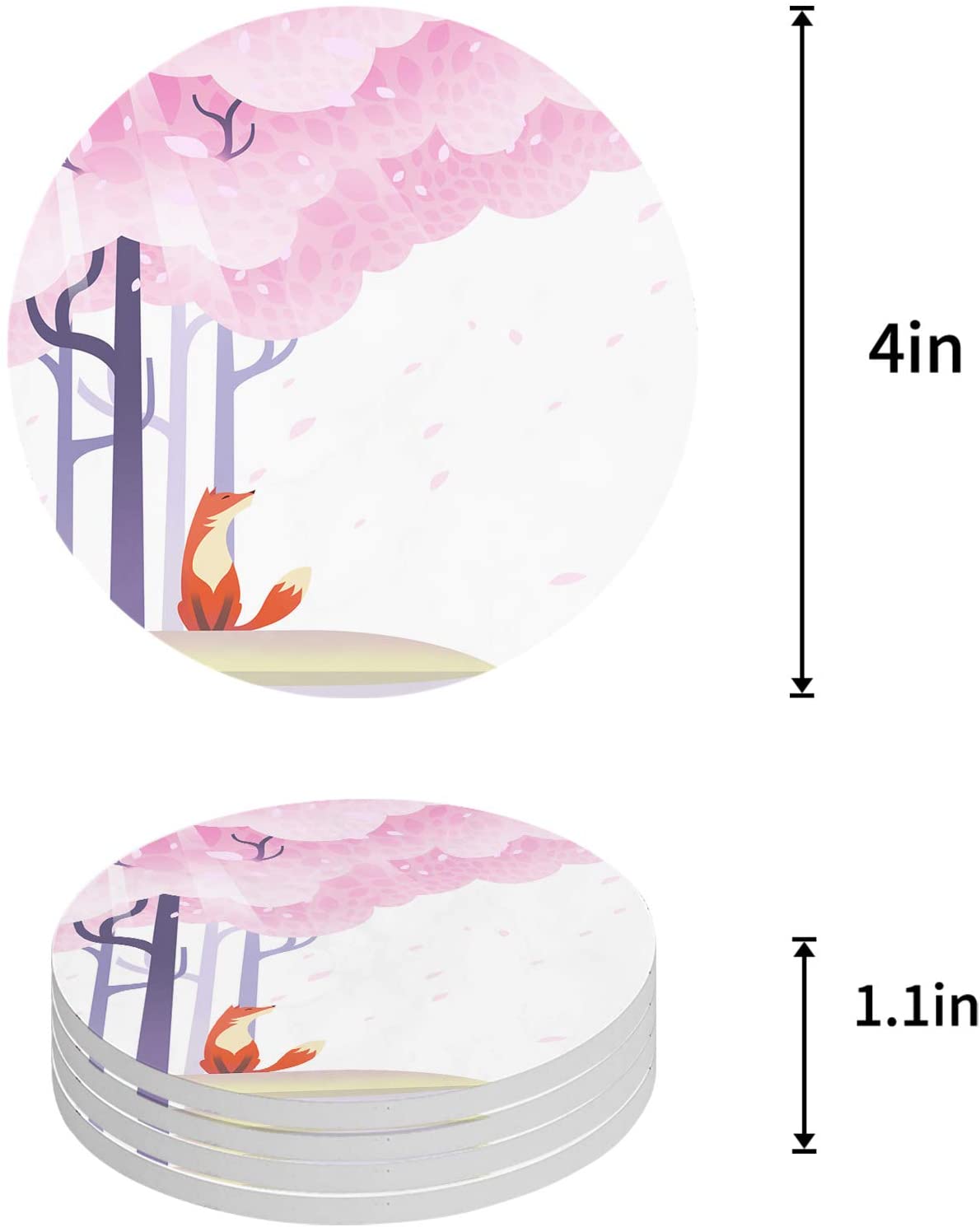 KXMDXA Cherry Blossom Trees and Fox by The Water Set of 8 Round Coaster ...