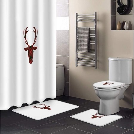 KXMDXA Christmas 4 Piece Bathroom Set Shower Curtain Bath Rug Contour Mat and Toilet Lid Cover