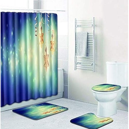KXMDXA Christmas 4 Piece Bathroom Set Shower Curtain Bath Rug Contour Mat and Toilet Lid Cover