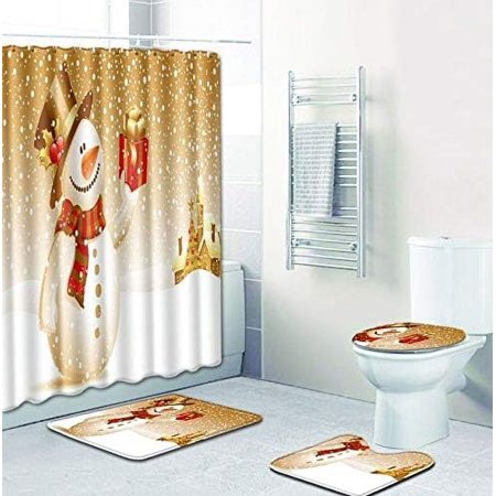 KXMDXA Christmas 4 Piece Bathroom Set Shower Curtain Bath Rug Contour Mat and Toilet Lid Cover