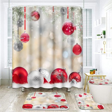 KXMDXA Christmas Anniversary Red Ball 4 Piece Bathroom Set Shower Curtain Bath Rug Contour Mat and Toilet Lid Cover