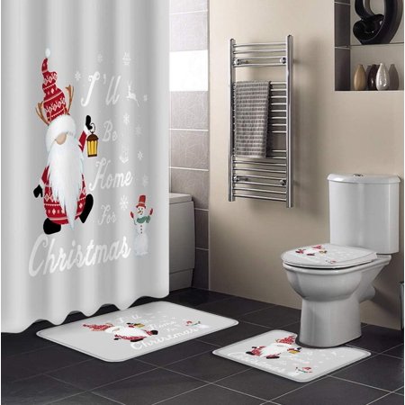 KXMDXA Christmas Gnomes 4 Piece Bathroom Set Shower Curtain Bath Rug Contour Mat and Toilet Lid Cover