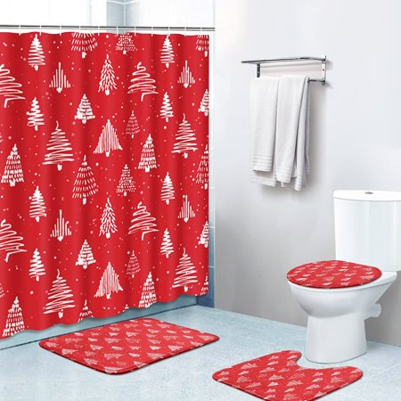 KXMDXA Christmas Red Tree 4 Piece Bathroom Set Shower Curtain Bath Rug Contour Mat and Toilet Lid Cover