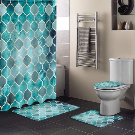 KXMDXA Classic 4 Piece Bathroom Set Shower Curtain Bath Rug Contour Mat and Toilet Lid Cover