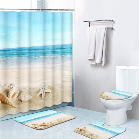 KXMDXA Coastal Sea Seashell Landscape 4 Piece Bathroom Set Shower Curtain Bath Rug Contour Mat and Toilet Lid Cover