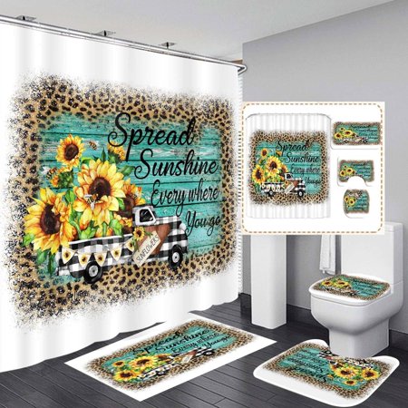 KXMDXA Countrysie Trunk Sunflower 4 Piece Bathroom Set Shower Curtain Bath Rug Contour Mat and Toilet Lid Cover