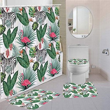 KXMDXA Cute Cartoon 4 Piece Bathroom Set Shower Curtain Bath Rug Contour Mat and Toilet Lid Cover