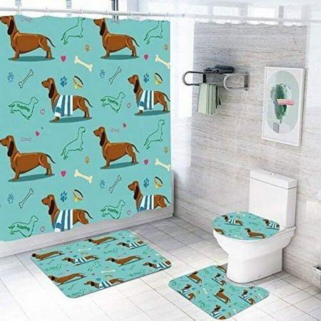 KXMDXA Cute Free Dog 4 Piece Bathroom Set Shower Curtain Bath Rug Contour Mat and Toilet Lid Cover